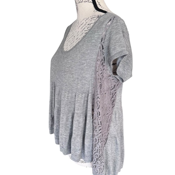 Anthropologie Knitted & Knotted Babydoll Sweater Size L Lace Inset Short Sleeve - Picture 3 of 9